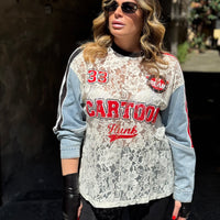 T-Shirt Cartoon con maniche in Denim