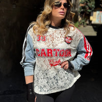 T-Shirt Cartoon con maniche in Denim