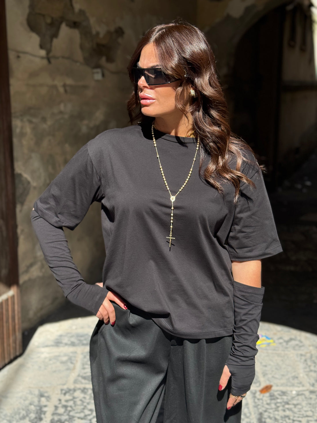 Shirt Zatanna con manicotti in cotone Nera