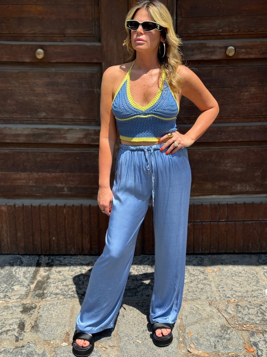 Pantalone Satin Celeste Polvere