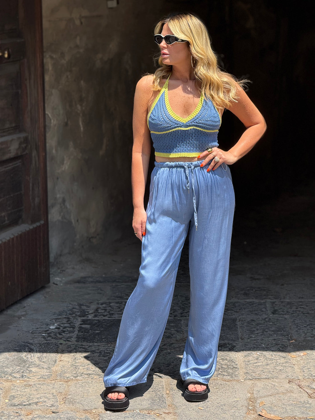 Pantalone Satin Celeste Polvere