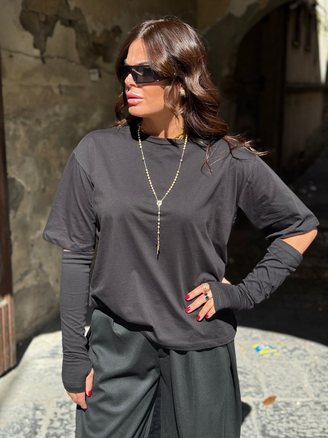 Shirt Zatanna con manicotti in cotone Nera