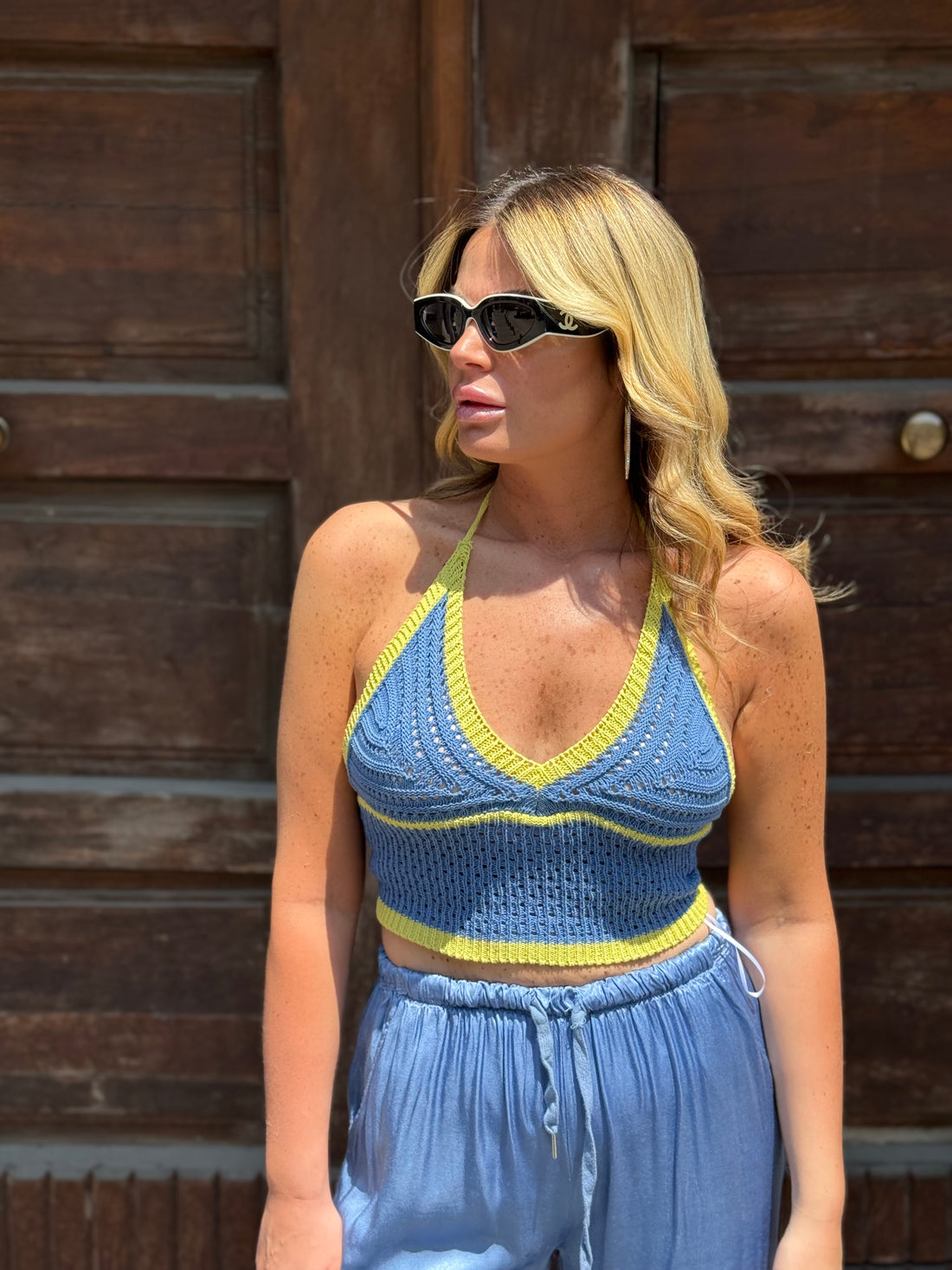 Top in filo Celeste Polvere