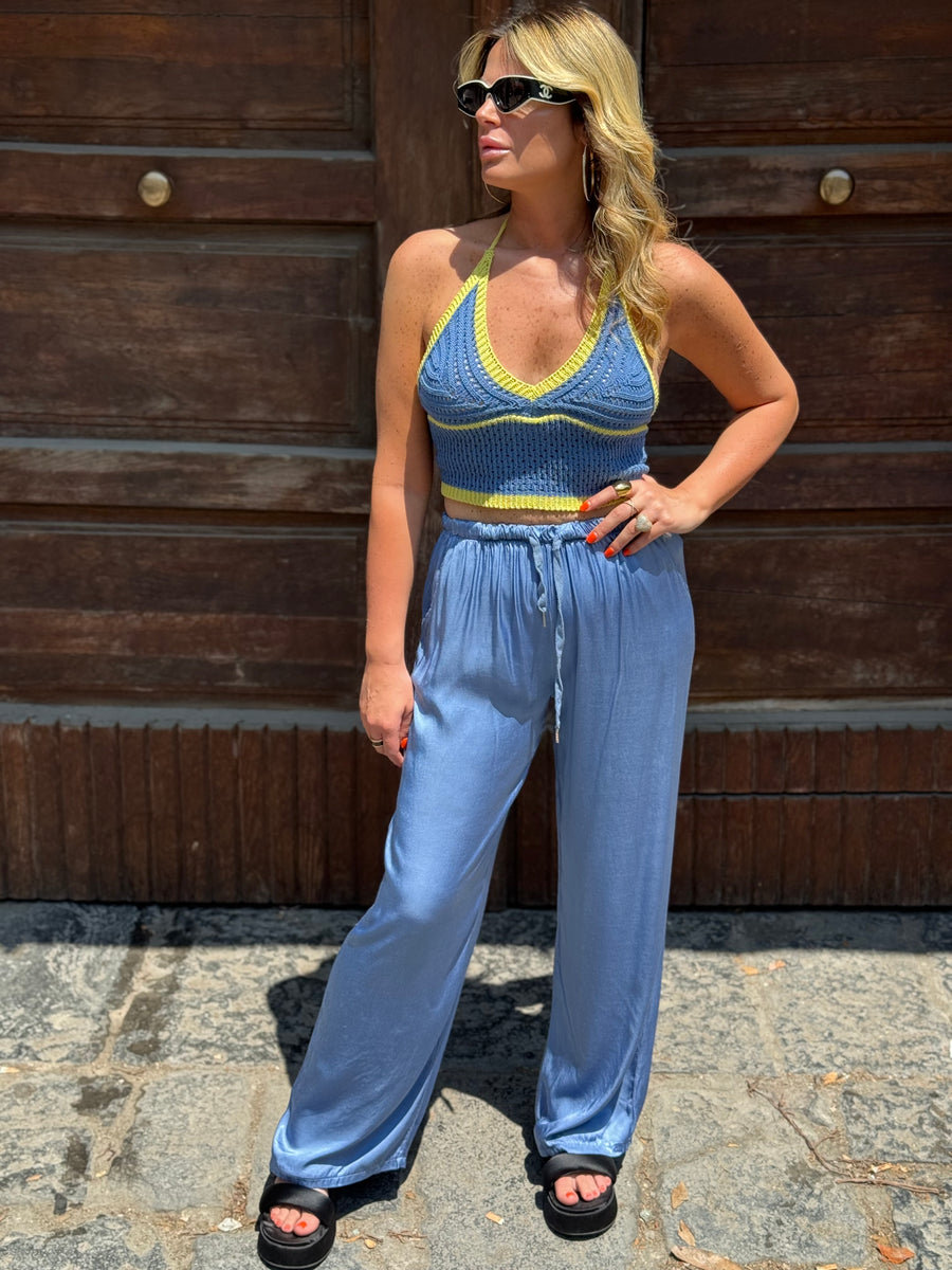 Pantalone Satin Celeste Polvere