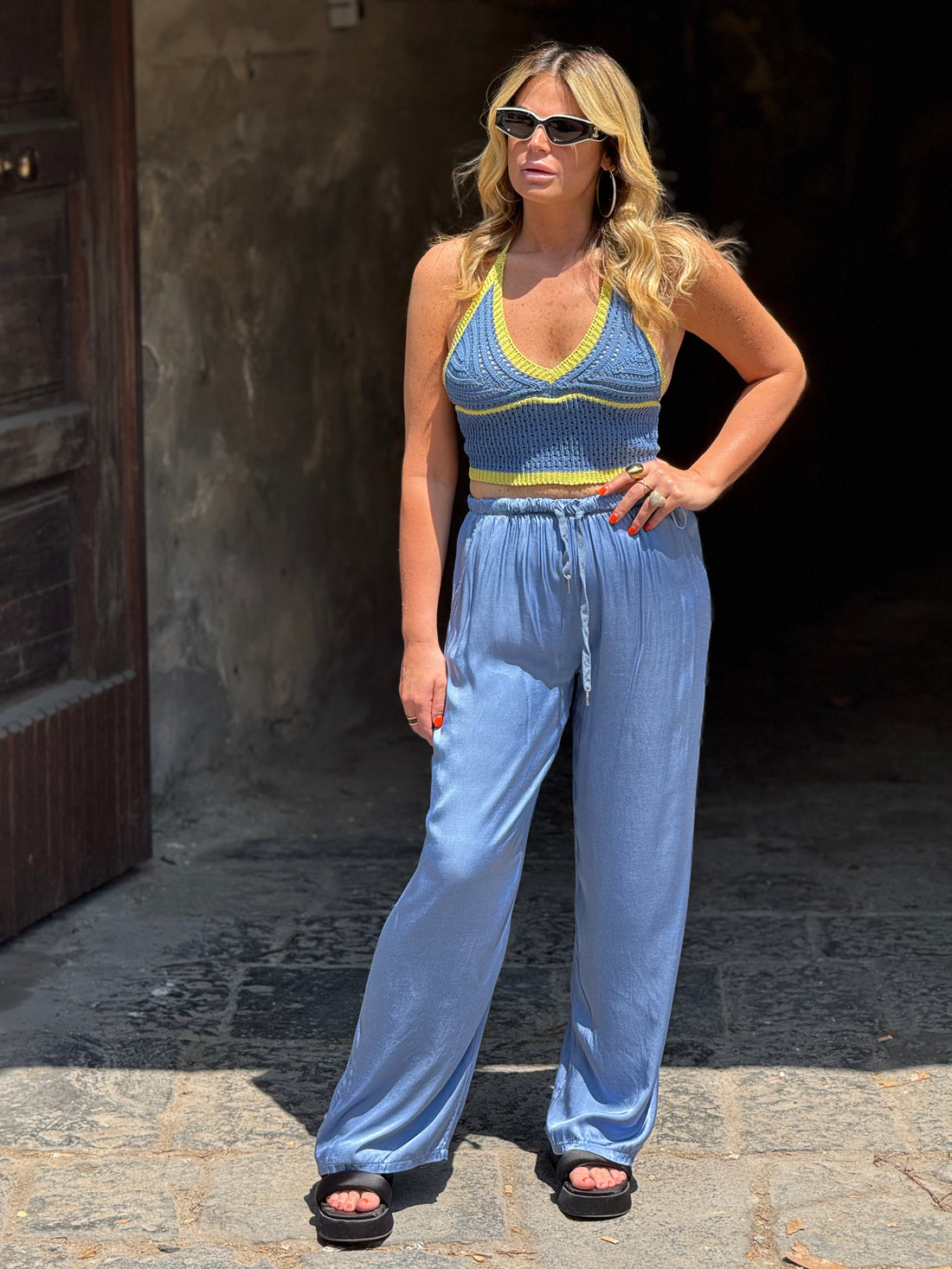 Pantalone Satin Celeste Polvere