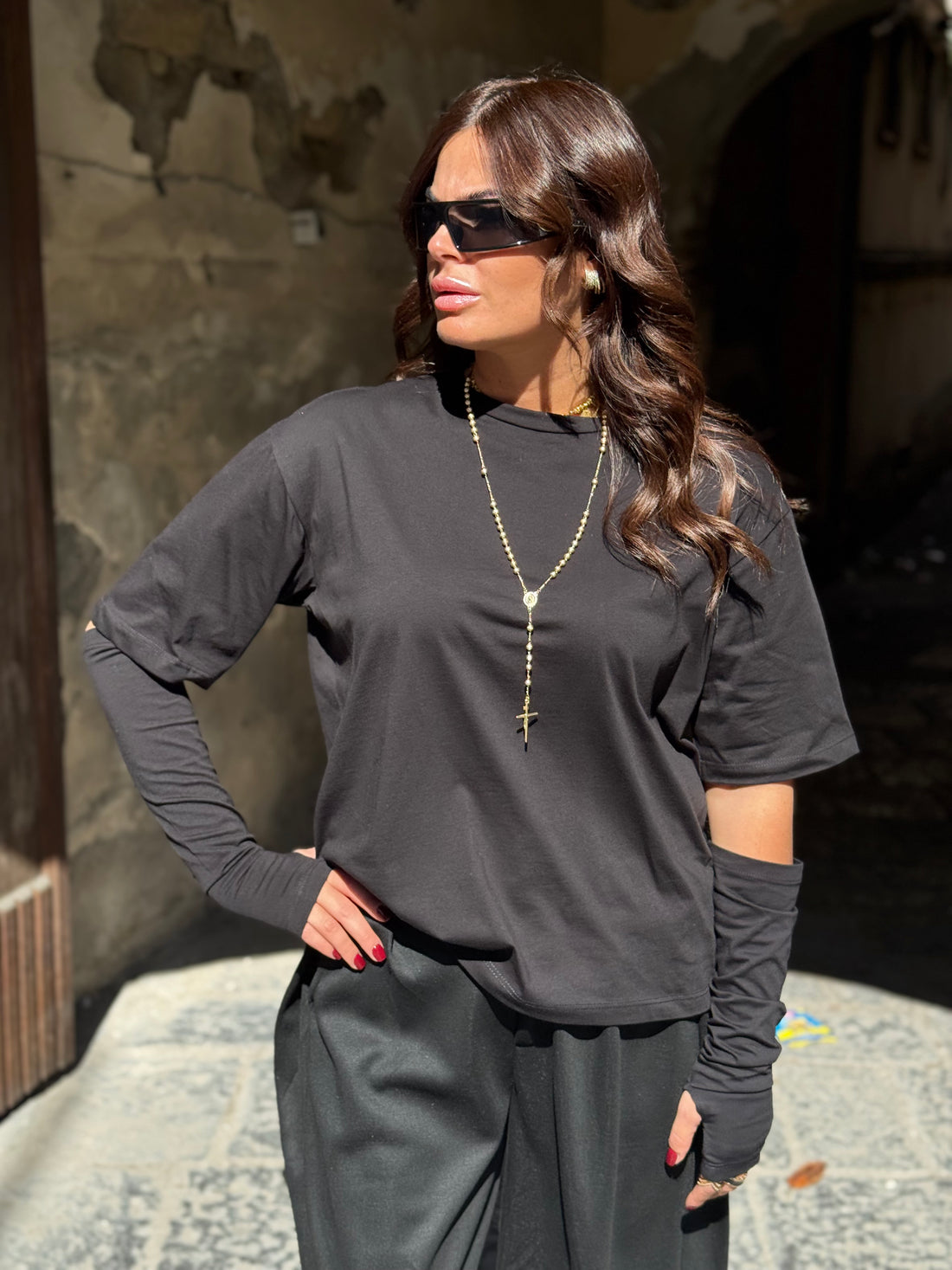 Shirt Zatanna con manicotti in cotone Nera