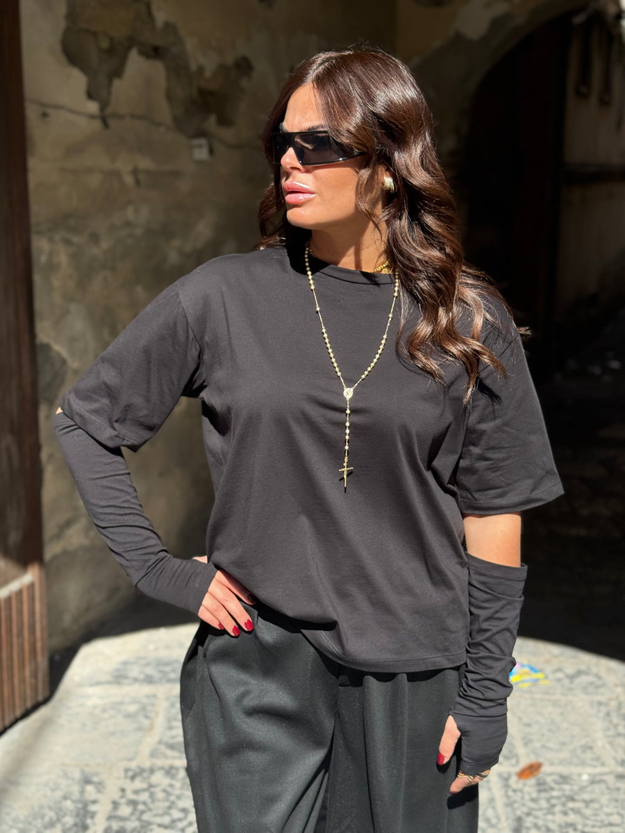 Shirt Zatanna con manicotti in cotone Nera