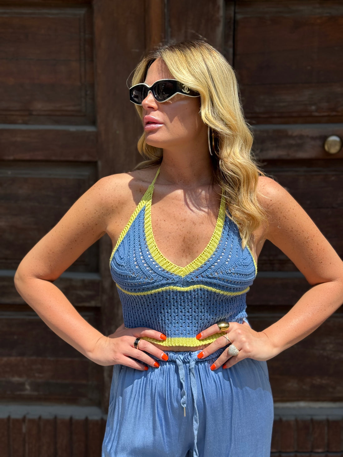 Top in filo Celeste Polvere
