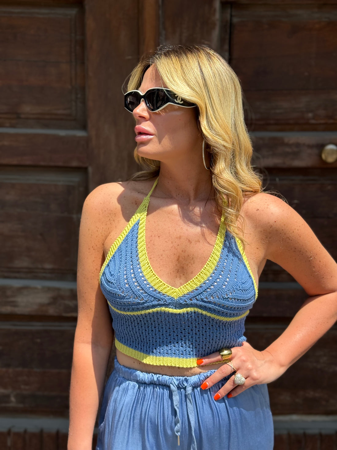 Top in filo Celeste Polvere