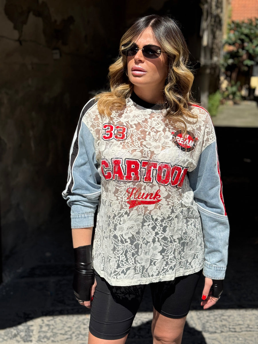 T-Shirt Cartoon con maniche in Denim