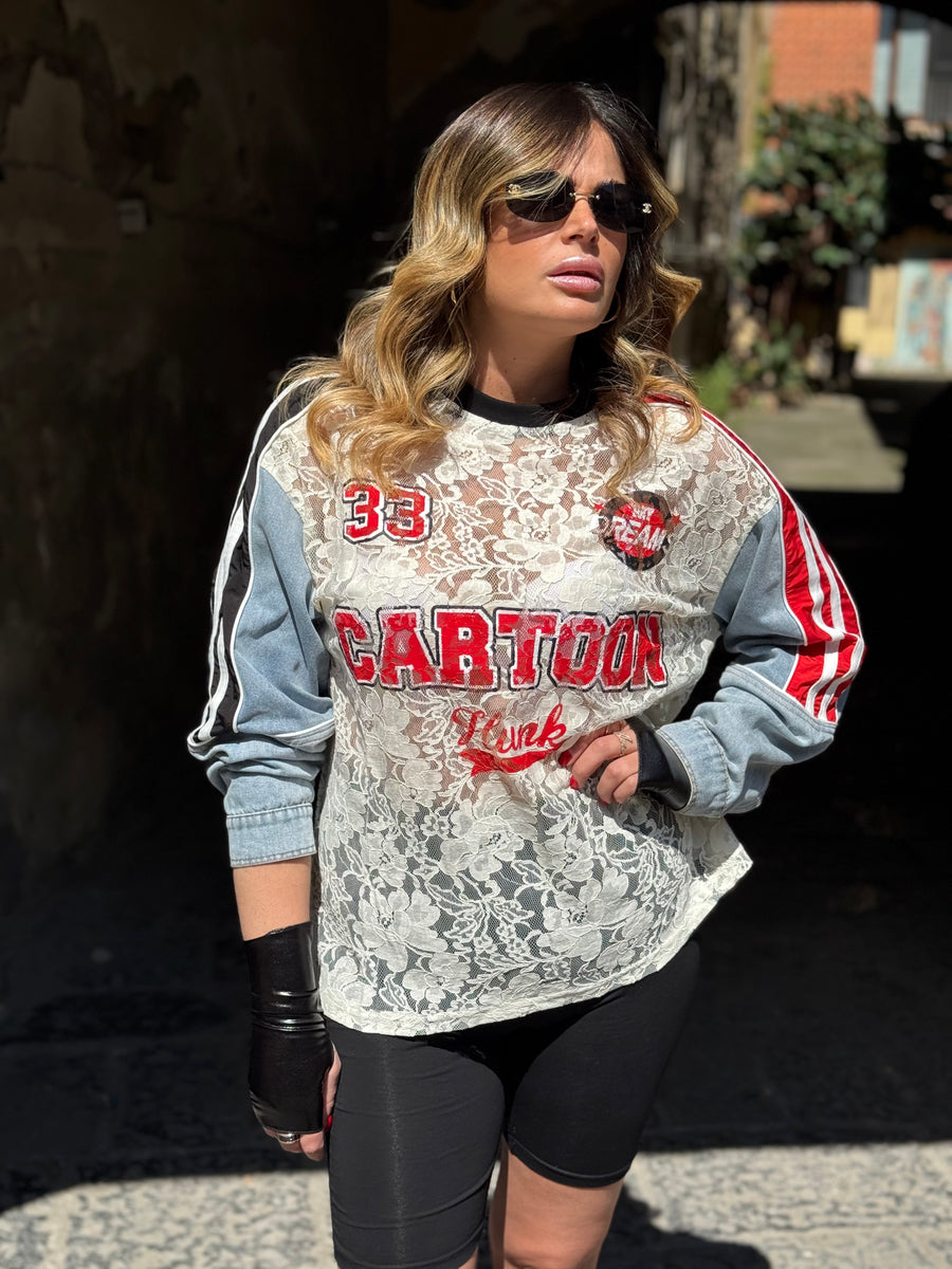 T-Shirt Cartoon con maniche in Denim